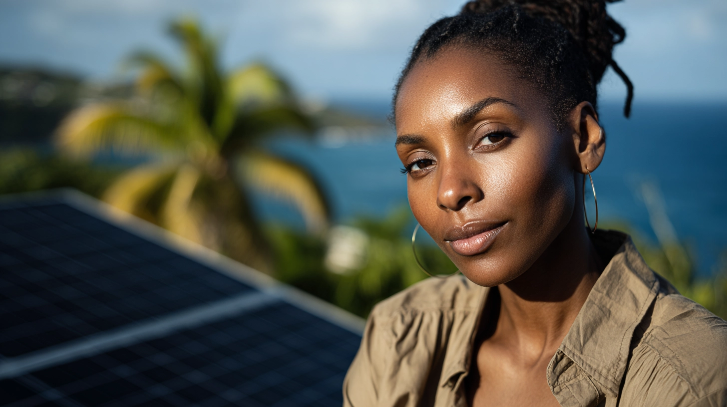 Femme souriante devant des panneaux solaires en milieu tropical